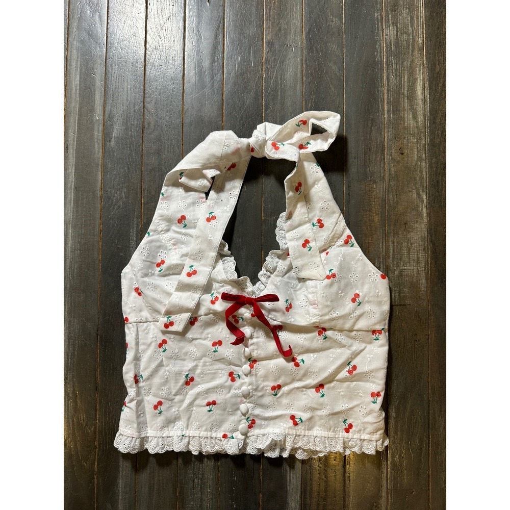 SHEIN Cherry Print Eyelet Halter Top White Lace Trim Smocked Back Red Bow Accent
